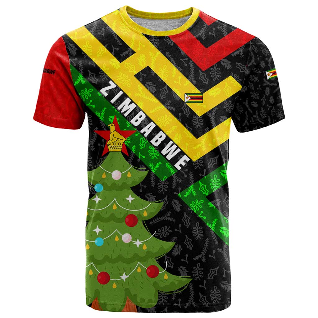 Zimbabwe Christmas T-Shirt with Flag Colors Xmas Tree and Holiday Graphic Tee