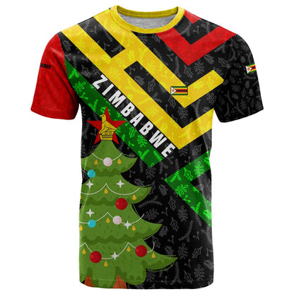 Zimbabwe Christmas T-Shirt with Flag Colors Xmas Tree and Holiday Graphic Tee
