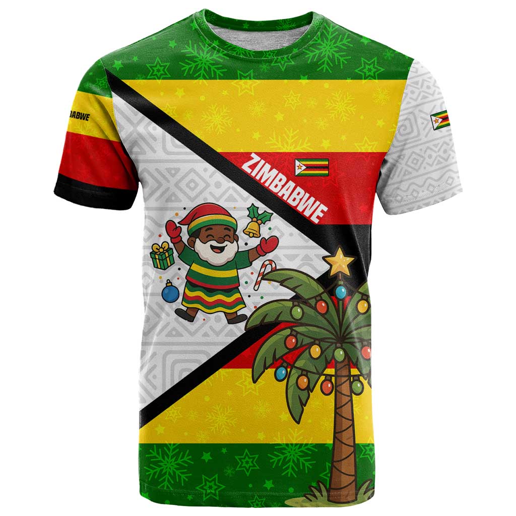 Zimbabwe Christmas T-Shirt with Festive Santa Palm Tree and Red Yellow Green Flag Graphic Tee