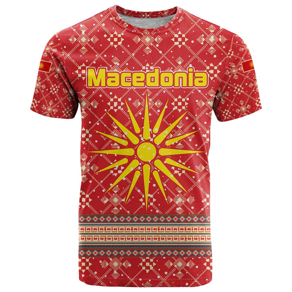 Macedonia Christmas T-Shirt with Traditional Santa and Yellow Sun Motif Graphic Tee