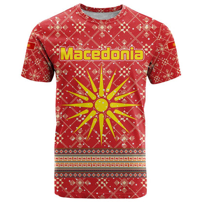 Macedonia Christmas T-Shirt with Traditional Santa and Yellow Sun Motif Graphic Tee