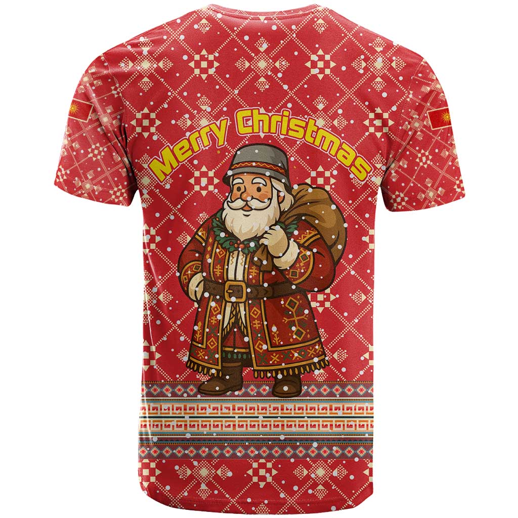 Macedonia Christmas T-Shirt with Traditional Santa and Yellow Sun Motif Graphic Tee