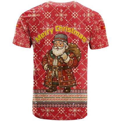Macedonia Christmas T-Shirt with Traditional Santa and Yellow Sun Motif Graphic Tee