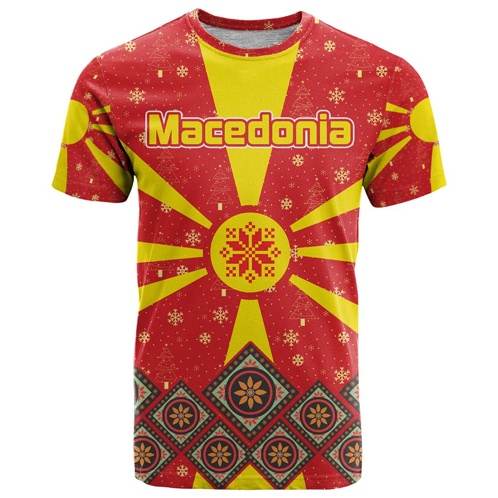 Macedonia Christmas T-Shirt with Yellow Sun, Santa, and Festive Tree Motif Graphic Tee