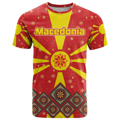 Macedonia Christmas T-Shirt with Yellow Sun, Santa, and Festive Tree Motif Graphic Tee
