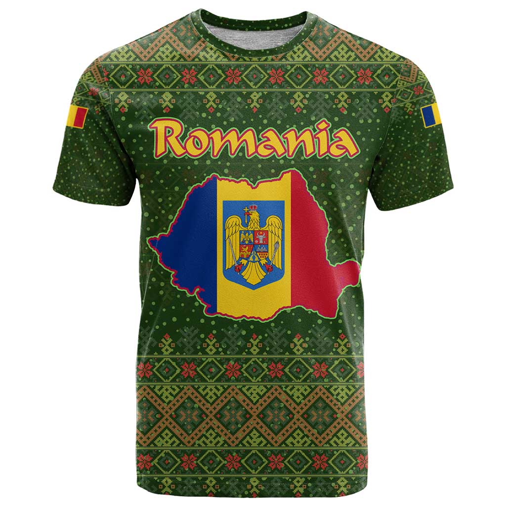 Romania Christmas T-Shirt with Map Tricolor Flag Golden Eagle and Santa Motif Graphic Tee