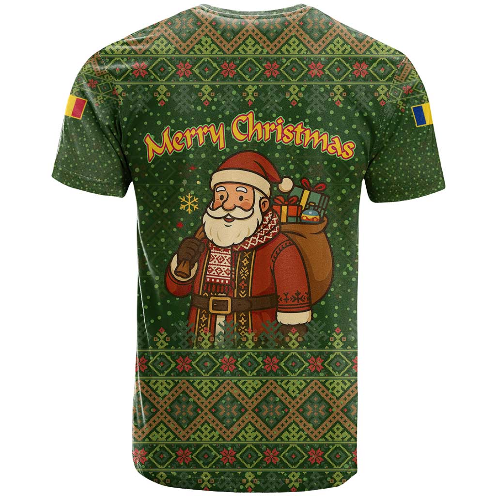 Romania Christmas T-Shirt with Map Tricolor Flag Golden Eagle and Santa Motif Graphic Tee