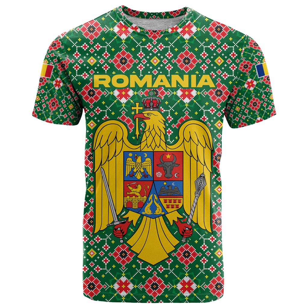 Romania Christmas T-Shirt with Green and Red Pattern Golden Eagle and Santa Motif Graphic Tee