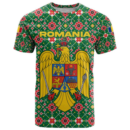 Romania Christmas T-Shirt with Green and Red Pattern Golden Eagle and Santa Motif Graphic Tee