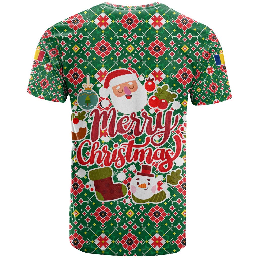 Romania Christmas T-Shirt with Green and Red Pattern Golden Eagle and Santa Motif Graphic Tee