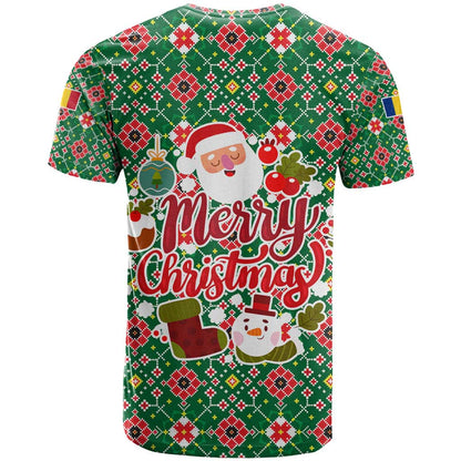 Romania Christmas T-Shirt with Green and Red Pattern Golden Eagle and Santa Motif Graphic Tee