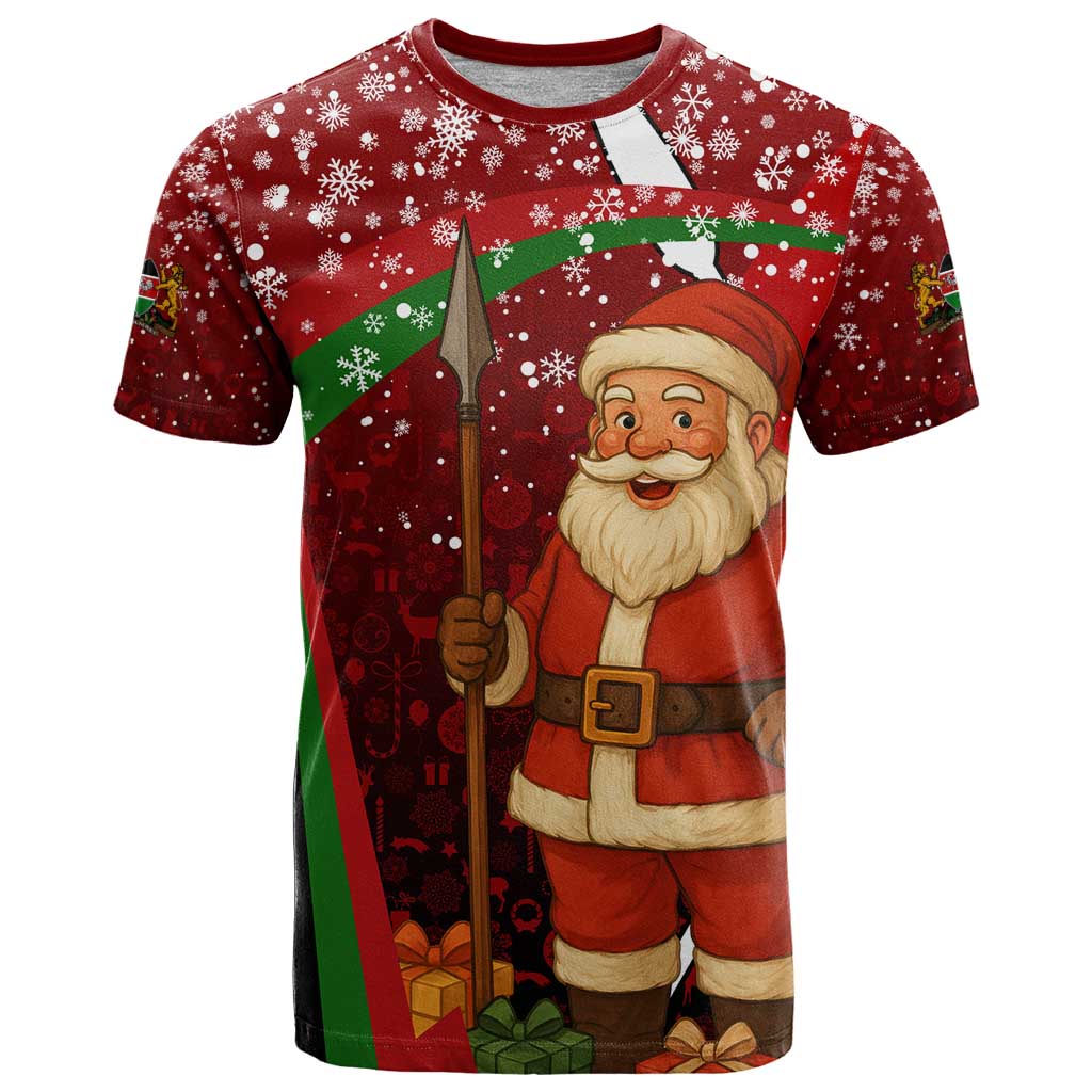 Kenya Christmas T-Shirt with Santa Claus Spear and Red Green Harambee Crest Graphic Tee