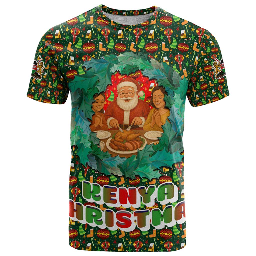 Kenya Christmas T-Shirt with Santa Feast Scene and Festive Wreath Pattern Graphic Tee