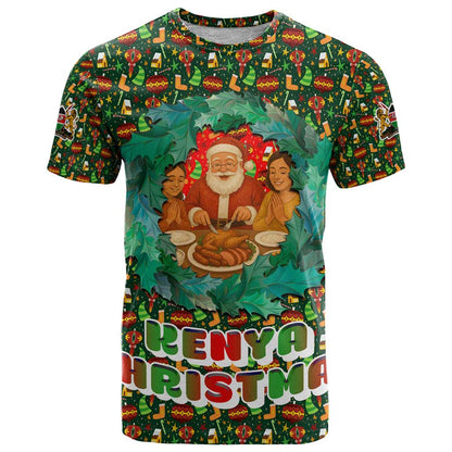Kenya Christmas T-Shirt with Santa Feast Scene and Festive Wreath Pattern Graphic Tee