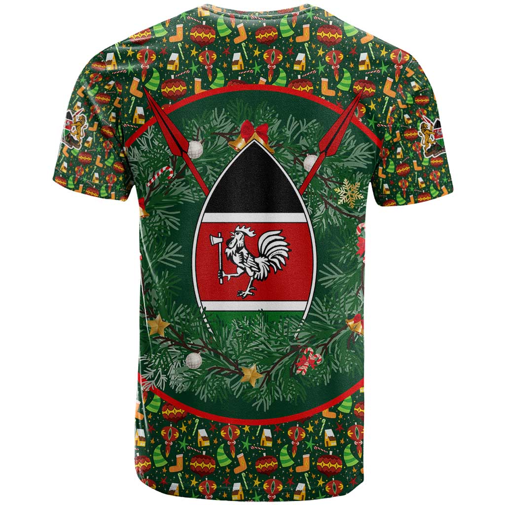 Kenya Christmas T-Shirt with Santa Feast Scene and Festive Wreath Pattern Graphic Tee