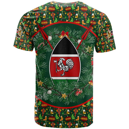 Kenya Christmas T-Shirt with Santa Feast Scene and Festive Wreath Pattern Graphic Tee