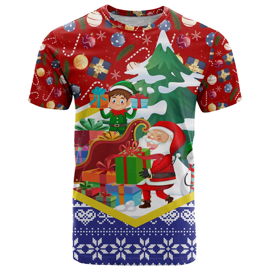 Croatia Christmas T-Shirt with Santa Sleigh Presents and Red Checkered Crest Graphic Tee