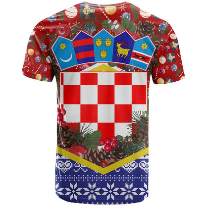 Croatia Christmas T-Shirt with Santa Sleigh Presents and Red Checkered Crest Graphic Tee