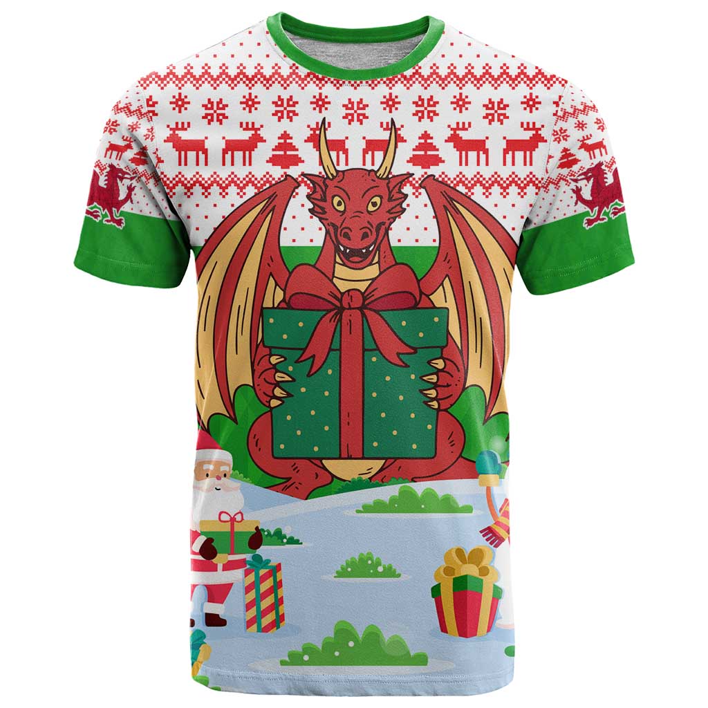 Wales Christmas T-Shirt with Red Dragon Gift and Holiday Crest Snow Scene Graphic Tee