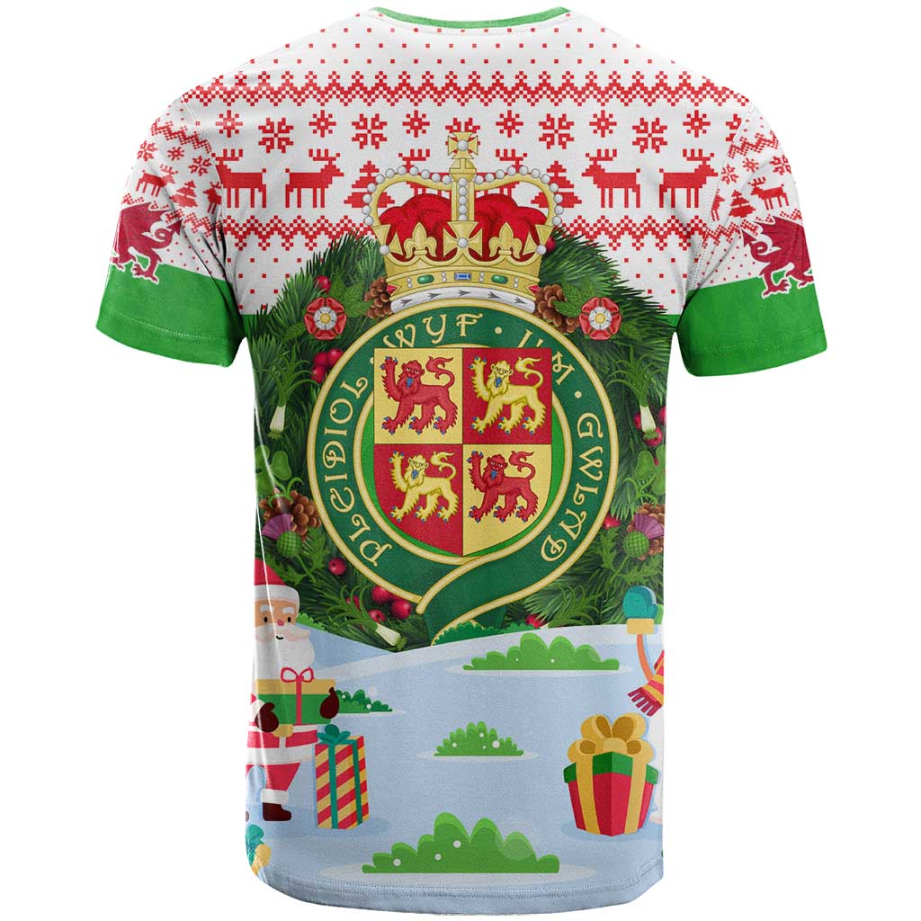 Wales Christmas T-Shirt with Red Dragon Gift and Holiday Crest Snow Scene Graphic Tee