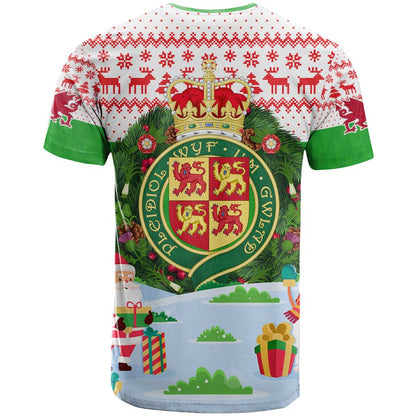 Wales Christmas T-Shirt with Red Dragon Gift and Holiday Crest Snow Scene Graphic Tee