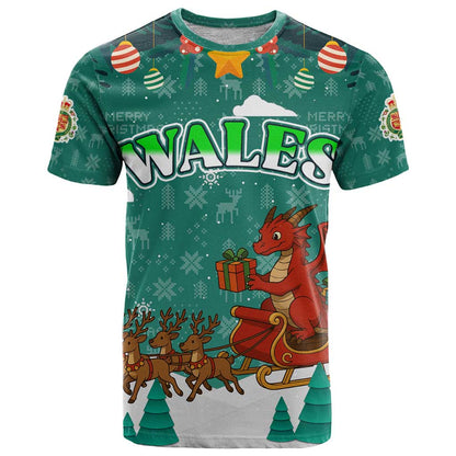Wales Christmas T-Shirt with Red Dragon Santa Sleigh and Festive Green Snowflake Graphic Tee