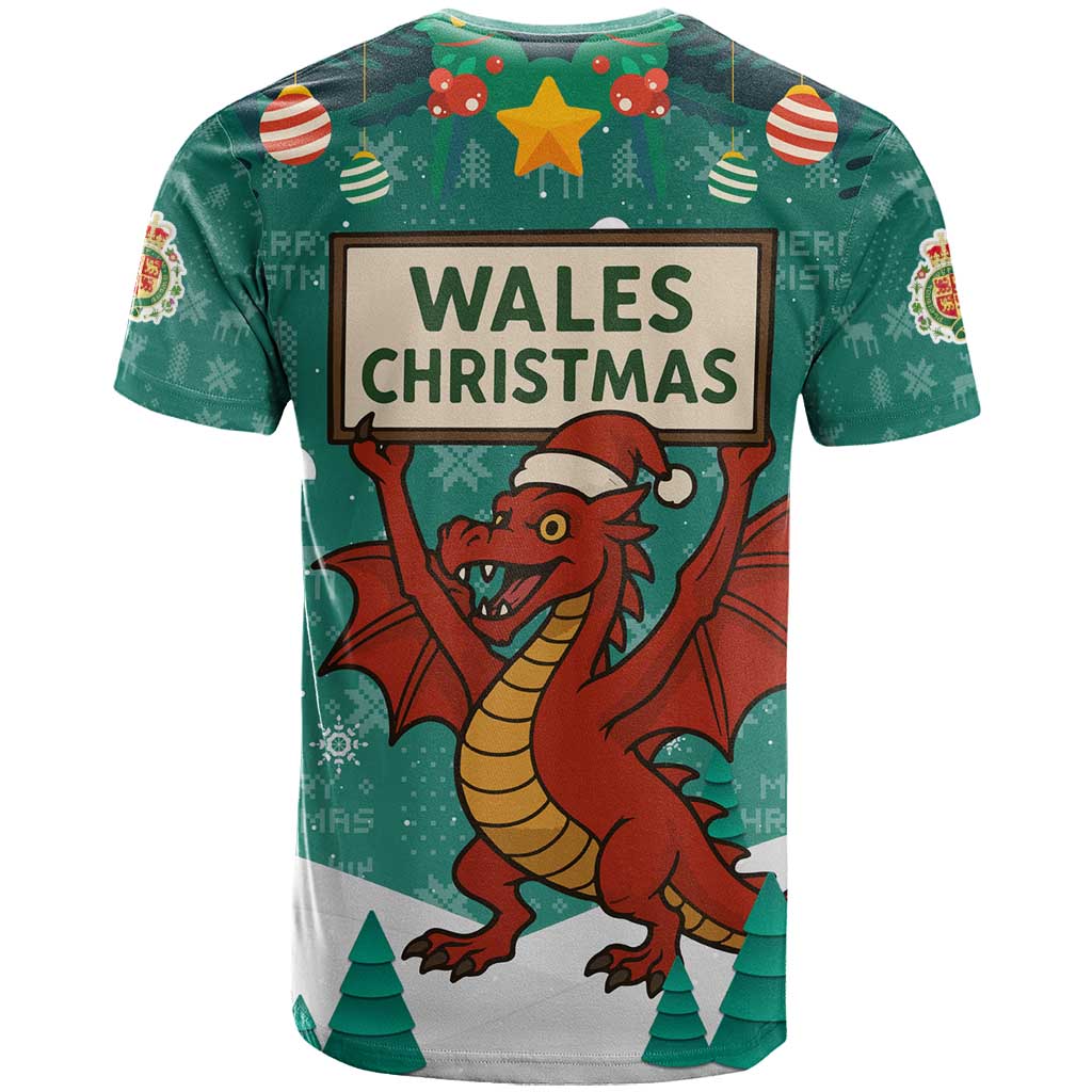 Wales Christmas T-Shirt with Red Dragon Santa Sleigh and Festive Green Snowflake Graphic Tee