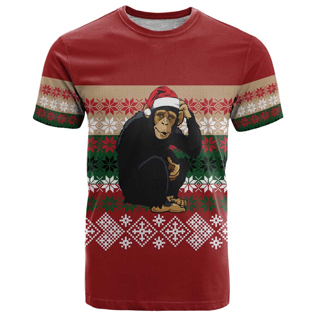 Chimpanzee Christmas T-Shirt Chimpanzee Wearing Santa Hat - Red Green Snowflake Graphic Tee