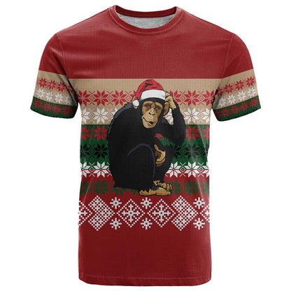 Chimpanzee Christmas T-Shirt Chimpanzee Wearing Santa Hat - Red Green Snowflake Graphic Tee