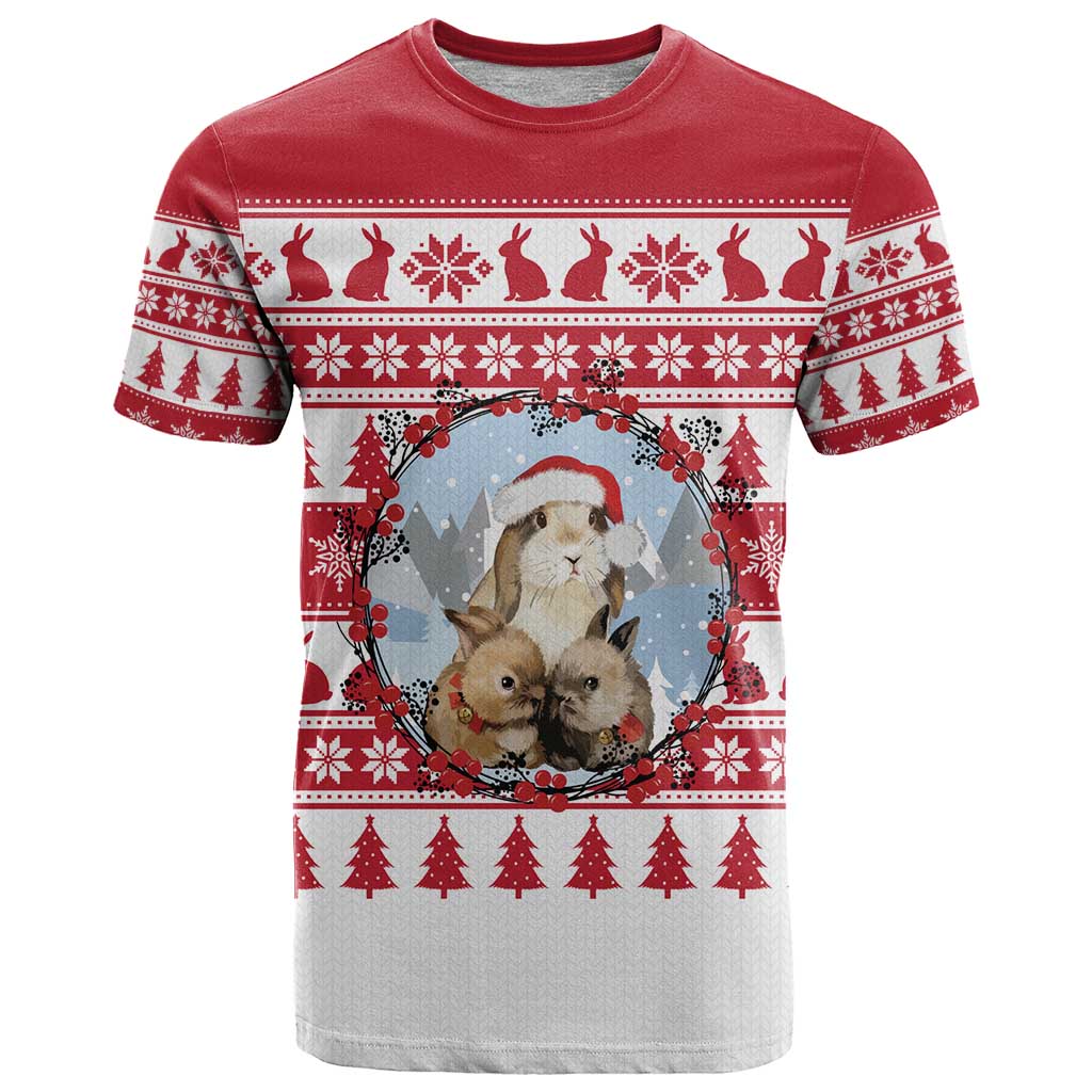 Christmas Santa Bunny Rabbits T-Shirt Red White Tree Snowflake Pattern Graphic Tee