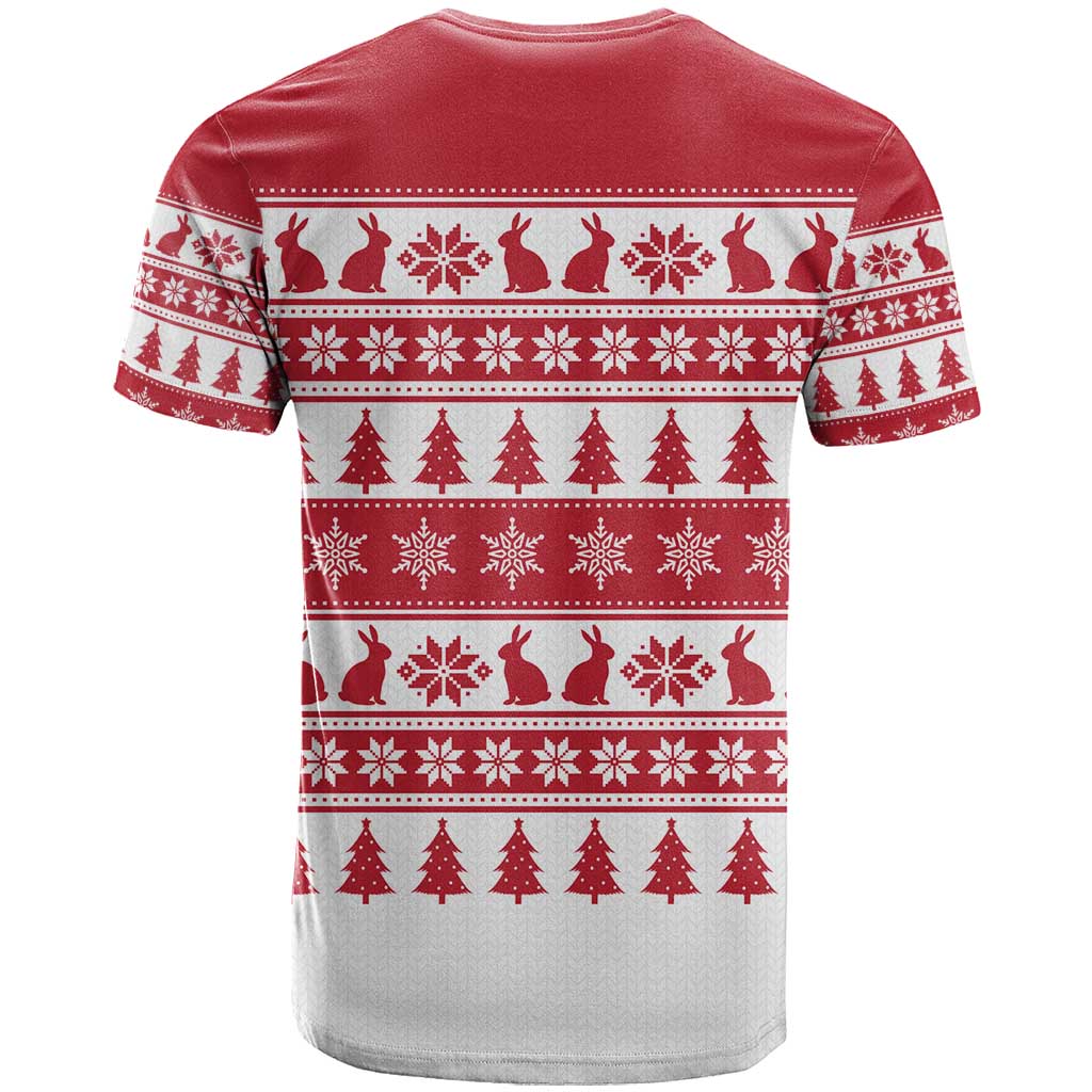 Christmas Santa Bunny Rabbits T-Shirt Red White Tree Snowflake Pattern Graphic Tee