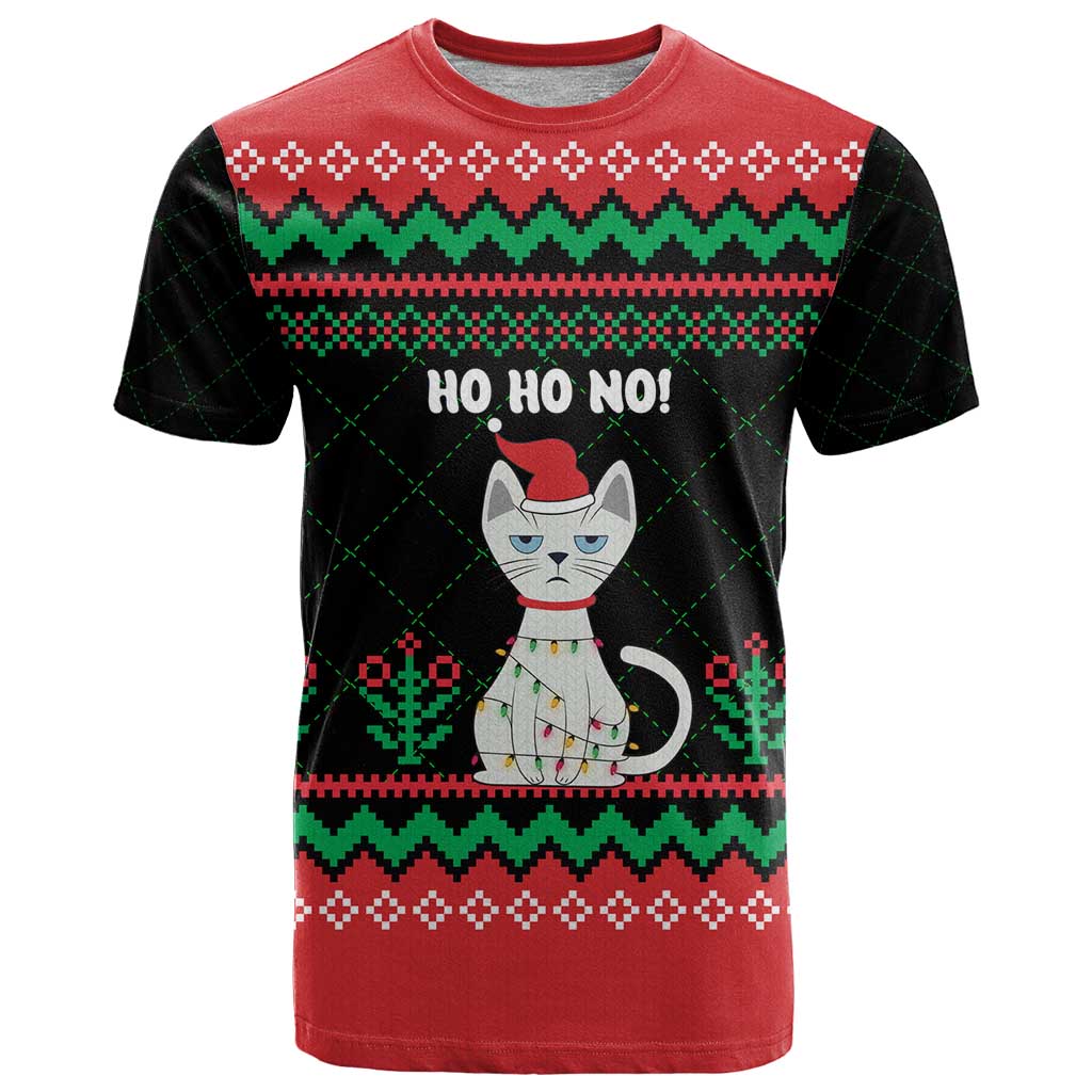 Christmas Cat T-Shirt with Grumpy Cat in Santa Hat Holiday Lights Graphic Tee