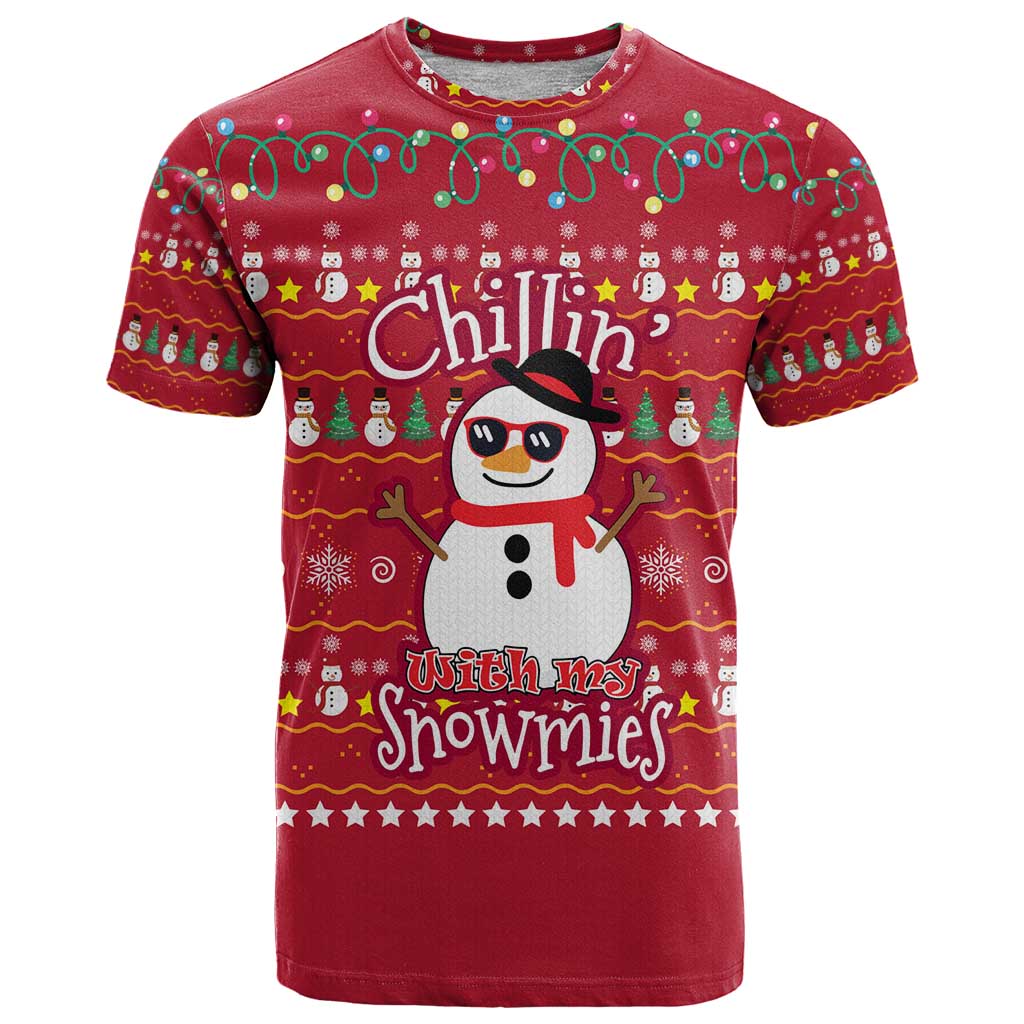 Christmas Chillin With My Snowmies T-Shirt Cool Snowman Red Snowflake Light String Graphic Tee