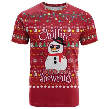 Christmas Chillin With My Snowmies T-Shirt Cool Snowman Red Snowflake Light String Graphic Tee