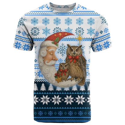 Owl Love Santa Moon Christmas T-Shirt Xmas Holiday Patterns Graphic Tee