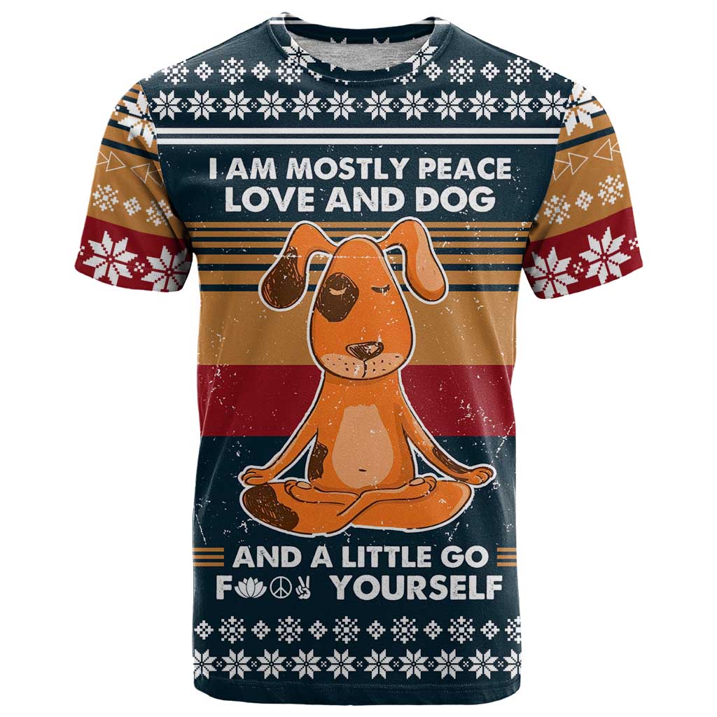 Peace Love And Dog Christmas T-Shirt Xmas Holiday Patterns Graphic Tee