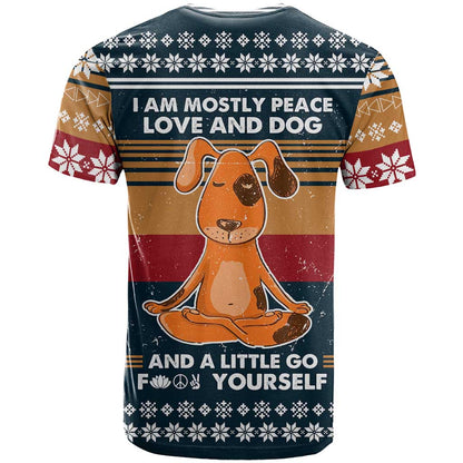 Peace Love And Dog Christmas T-Shirt Xmas Holiday Patterns Graphic Tee