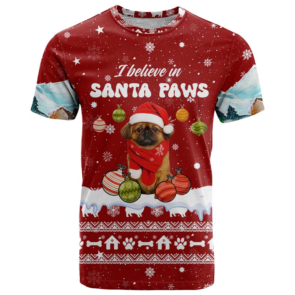 Pekingese Dog I Believe In Santa Paws Christmas T-Shirt Xmas Holiday Patterns Graphic Tee