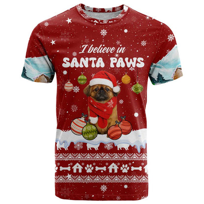 Pekingese Dog I Believe In Santa Paws Christmas T-Shirt Xmas Holiday Patterns Graphic Tee