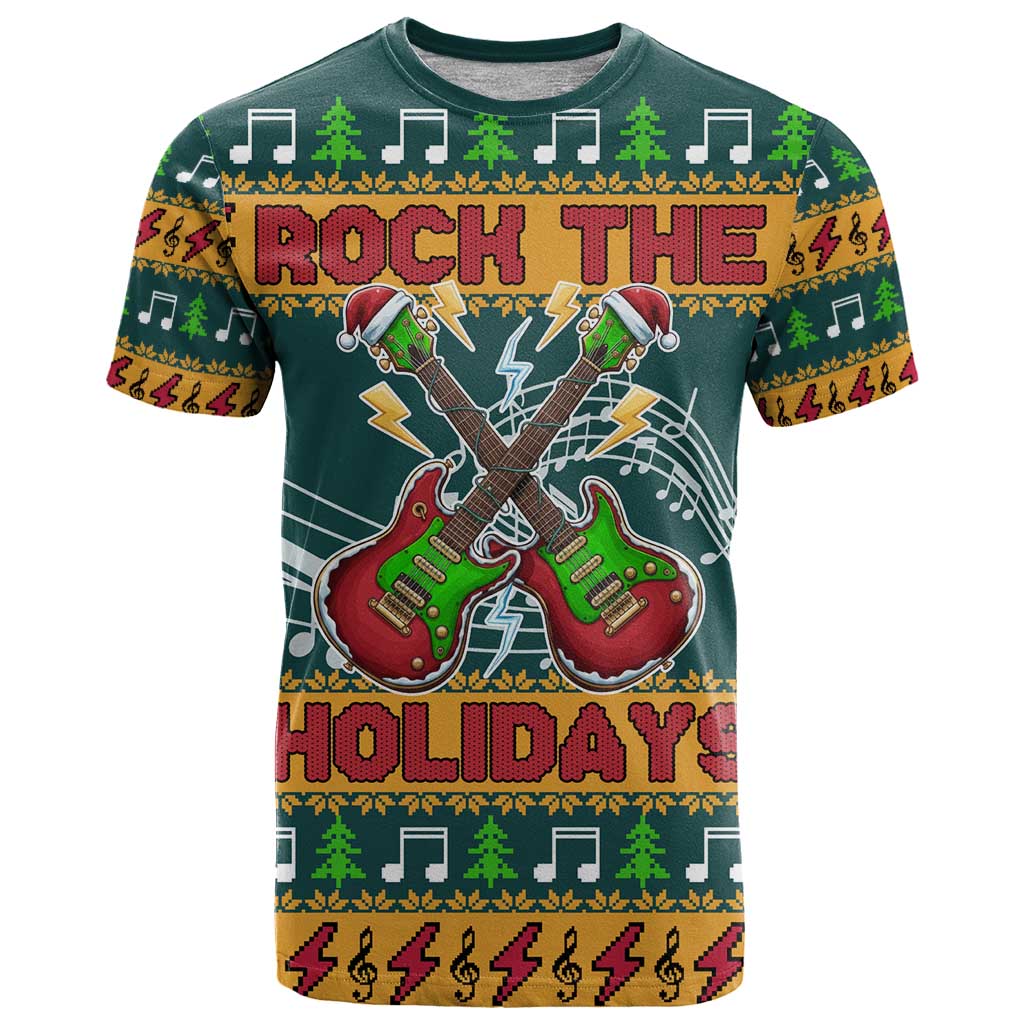Rock The Holidays Guitar Christmas T-Shirt Xmas Holiday Patterns Graphic Tee