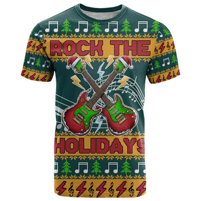 Rock The Holidays Guitar Christmas T-Shirt Xmas Holiday Patterns Graphic Tee