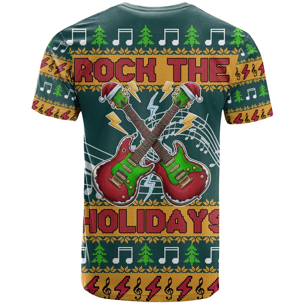 Rock The Holidays Guitar Christmas T-Shirt Xmas Holiday Patterns Graphic Tee