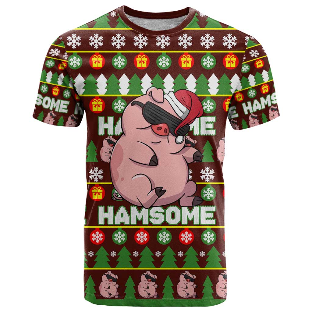 Hamsome Cute Pig Christmas T-Shirt Xmas Holiday Patterns Graphic Tee
