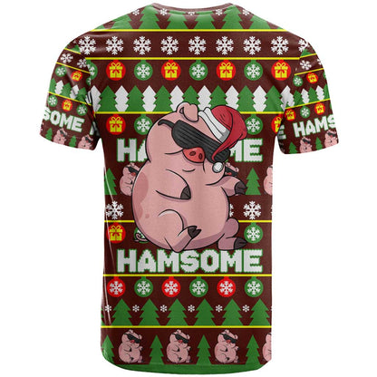 Hamsome Cute Pig Christmas T-Shirt Xmas Holiday Patterns Graphic Tee