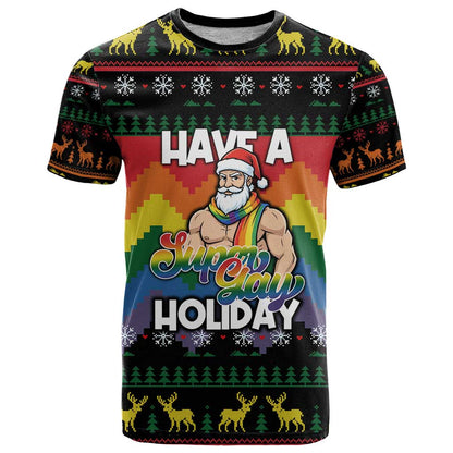 Have A Super Gay Holiday Christmas T-Shirt Xmas Holiday Patterns Graphic Tee