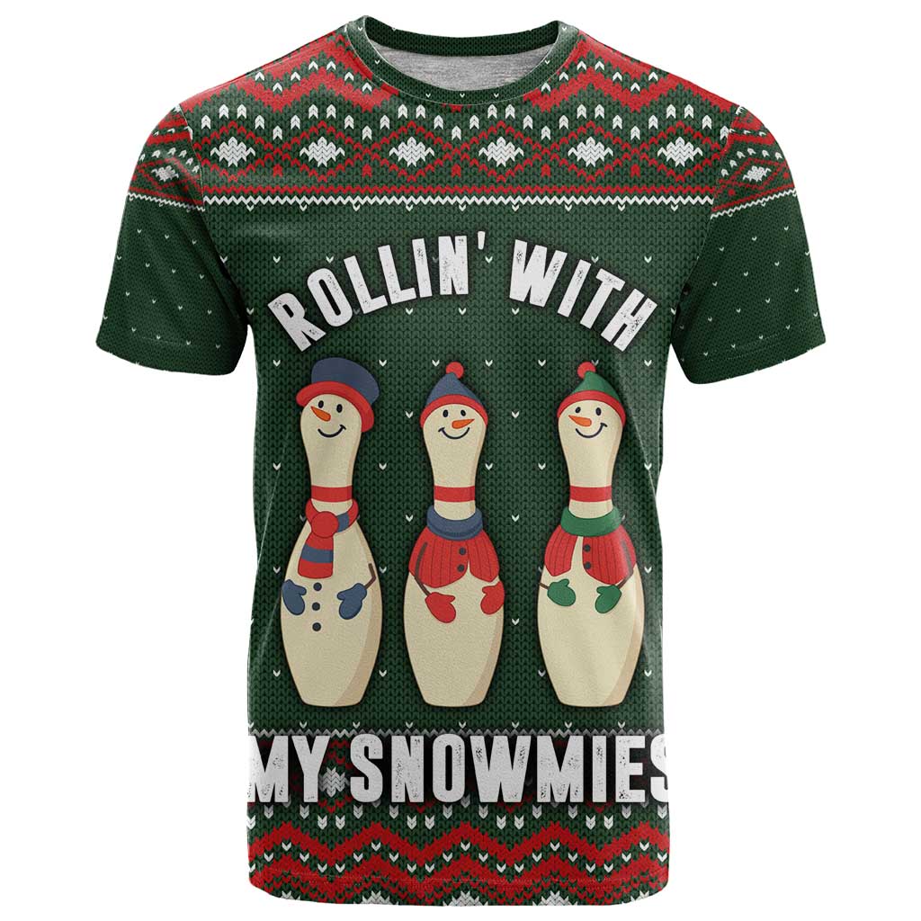 Christmas Bowling Rollin With My Snowmies T-Shirt Xmas Holiday Patterns Graphic Tee