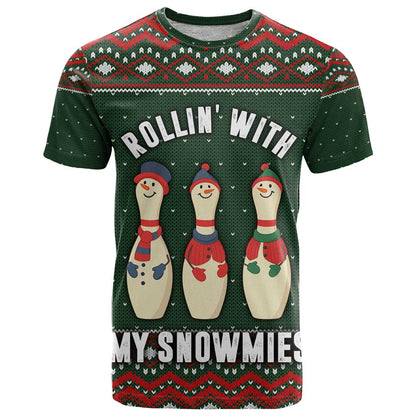Christmas Bowling Rollin With My Snowmies T-Shirt Xmas Holiday Patterns Graphic Tee