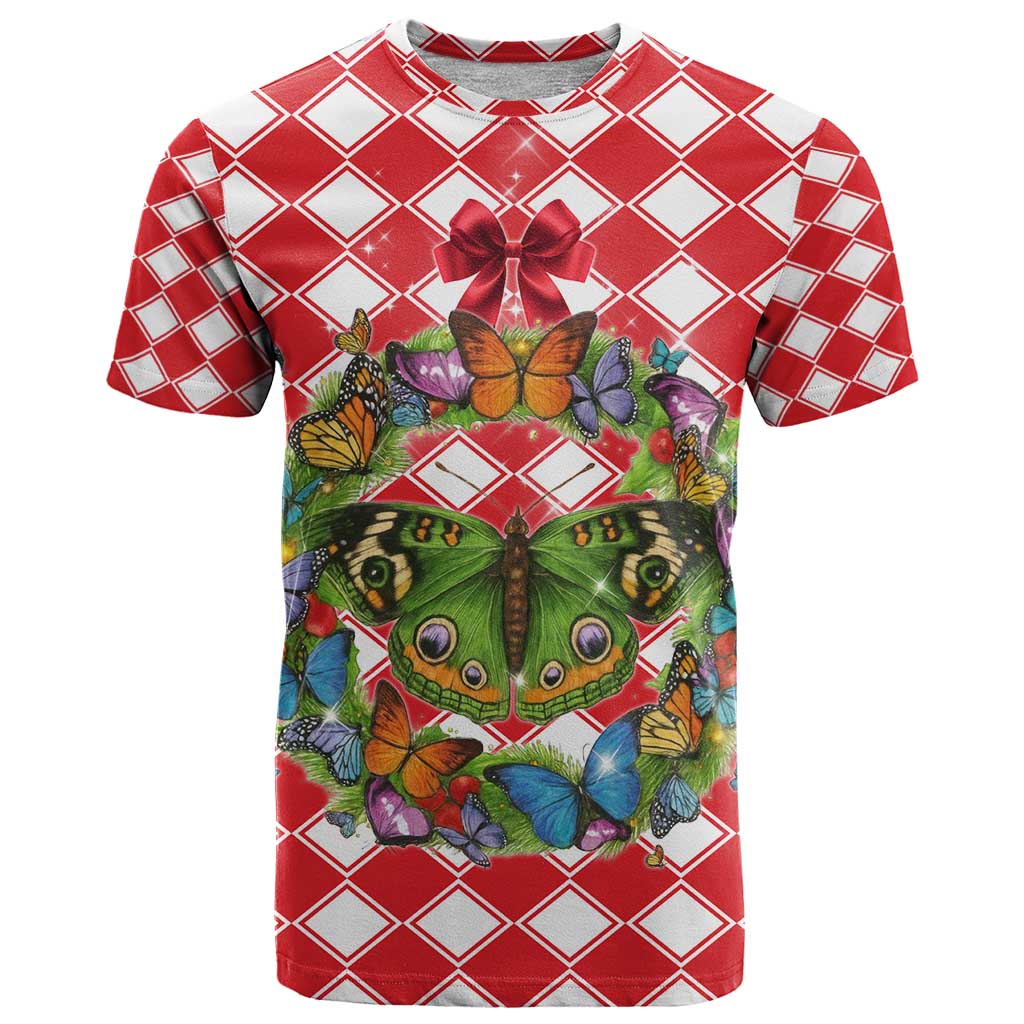 Christmas Butterfly Wreath T-Shirt Xmas Holiday Patterns Graphic Tee
