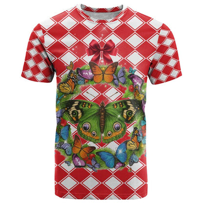 Christmas Butterfly Wreath T-Shirt Xmas Holiday Patterns Graphic Tee