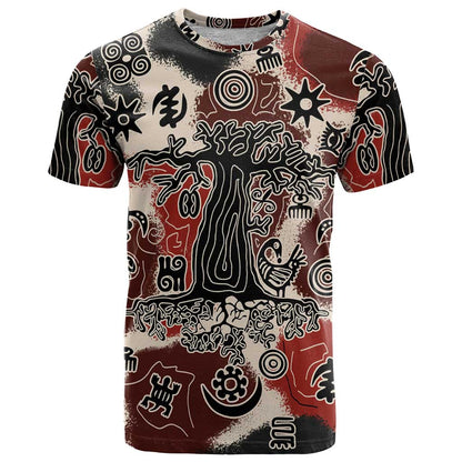 Sacred Heritage T-Shirt African Abstract Baobab Tree, Ethnic Symbols, and Red-Black Pattern Graphic Tee